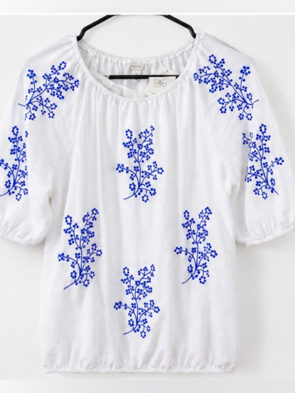 Cato White Peasant Blouse with Blue Floral Embroidery